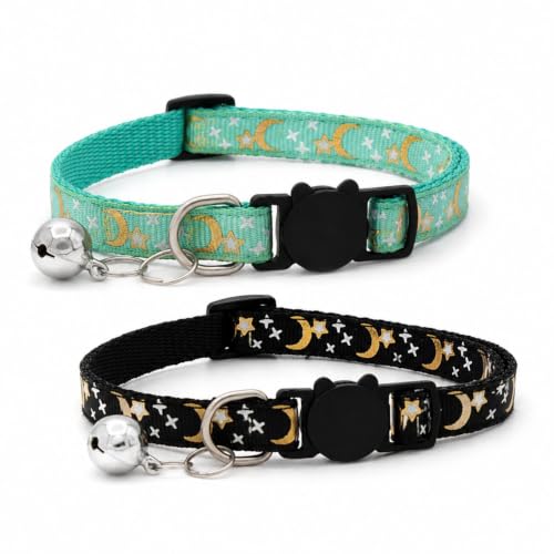 KSEWJP 2 Stück Katzenhalsband mit Sicherheitsverschluss, Reflektierend Verstellbar mit Stern Mond und Glocke, für Kätzchen und Erwachsene Katzen, Haustierzubehör