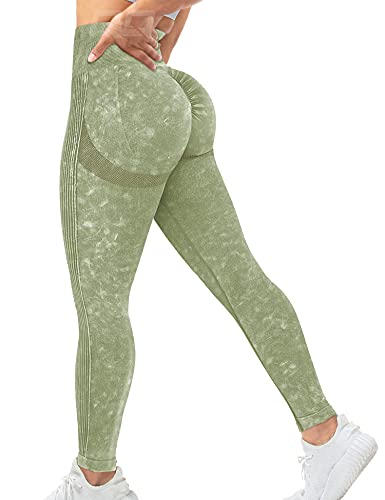 QOQ Women Acid Wash Workout Leggings Seamless Butt Lift Scrunch Booty Yoga Pants Tummy Control Compression Tights Khaki Green M