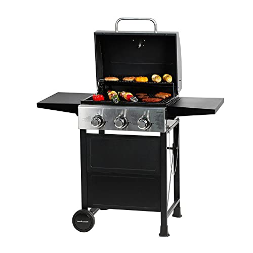 FRYH Parrilla de Gas Propano Líquido Estilo Carro de 3 Quemadores BBQ de Acero Inoxidable con Mesas Laterales Plegables, 30,000 BTU Patio, Jardín, Picnic, Patio Trasero, Parrilla para Barbacoa