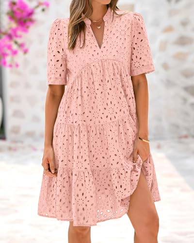Image of BTFBM Womens Boho Summer Dresses 2026 Spring V Neck Short Sleeve Hollow Out Lace Ruffle Casual Beach Mini Vacation Dress