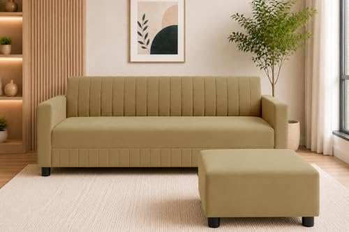 Image of 3 Seater Velvet Sofa with Ottoman | Modern Upholstered Couch | Comfortable Living Room Sofa | Durable & Stylish Seating for Home, Office & Guest Room - Golden Color