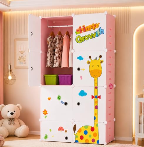 Image of Plastic Wardrobe for Kids Clothes - 6 Door Foldable Cupboard for Bedroom, Baby Clothes Storage Almirah with Doors, Collapsible Wardrobe Kids for Home (P5 Pink)