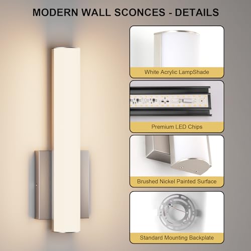 Aoceley 15.7 Inches Modern Bathroom Led Wall Sconces,18W 3000K Hardwired Wall Light with White Acrylic Lampshade,Indoor Bathroom Vanity Light for Mirror Bedroom Living Room Hallway(Nickel,2Pack) by Aoceley - Used condition - Image 3