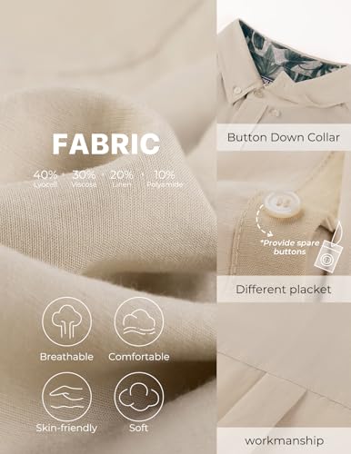 PJ PAUL JONES Mens Button Down Shirt Linen Short Sleeve Dress Shirts for Men Beach Summer Wedding Untucked Shirt Apricot
