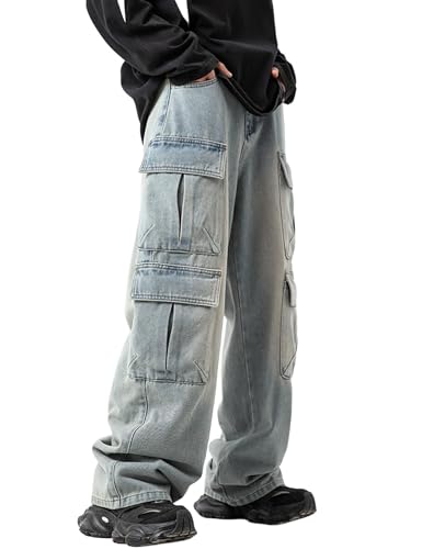Baggy Cargo Jeans Men Denim Hip Hop Pants Y2k Casual Loose Jean Skater Pants Streetwear with Cargo Pockets