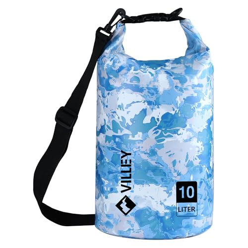 Image of VILLEY Dry Bag Waterproof 10L Roll Top Storage Backpack, Keeps Gear Dry Lightweight Backpack for Kayaking Boating Camping Swimming and Beach Accessories Blue Camo