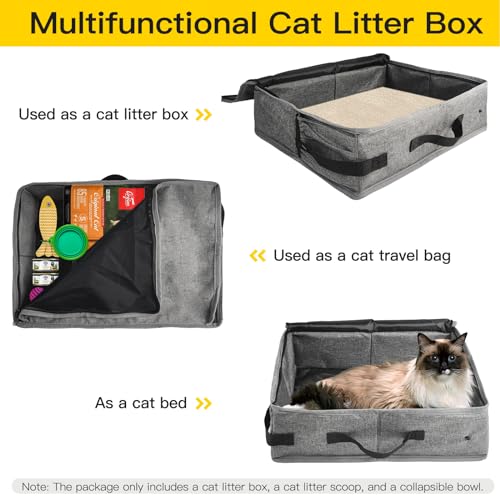 Joroamp Portable Cat Travel Litter Box with Lid, No Smell, Leak-Proof Collapsible Travel Litter Box Set for Cat, Easy to Carry, Easy to Use in Hotels and Car (M,Gray)
