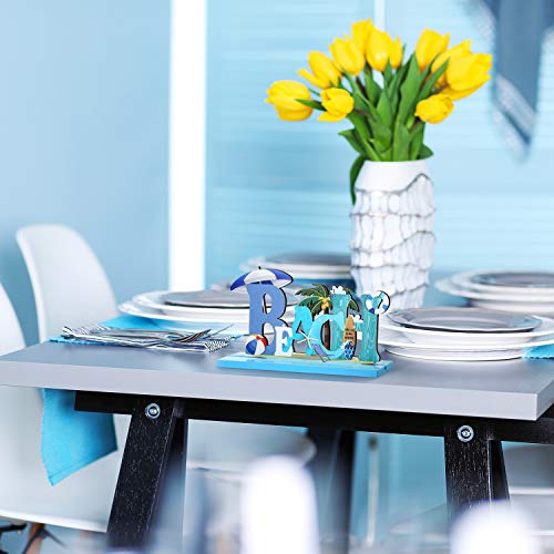 Blulu 2 Pcs Beach Table Signs Ocean Wood Table Decorations Beach Is My Happy Place Sign Under The Sea Animal Coastal Tabletop Centerpieces Nautical Block for Summer Tiered Tray Hawaiian Luau Party - Image 2