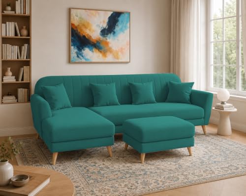 Image of Atticus LHS 6 Seater L Shape Sofa Set with Ottoman Living Room (Pine Colour Fabric) Premium Fabric Sofa Set for Living Room