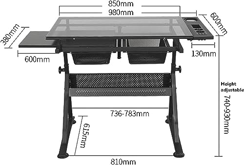 Multifunctional Glass Drafting Table Height Adjustable Drawing Desk W/ 2 Storage Drawer, Tiltable Desk Art Table