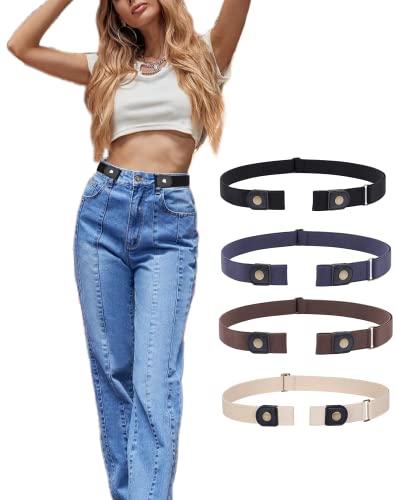 4 Pack- Buckle Free Elastic Adjustable Belt for Women & Men Comfortable No Buckle Invisible Stretch Belts for Jeans Pants