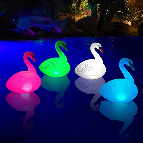 Goallim Swan Floating Pool Lights Solar 4 PK, Inflatable IP68 Waterproof Auto Color Changing Led Glow Swan Pool Lights, Bright Solar Swan Pool Light...