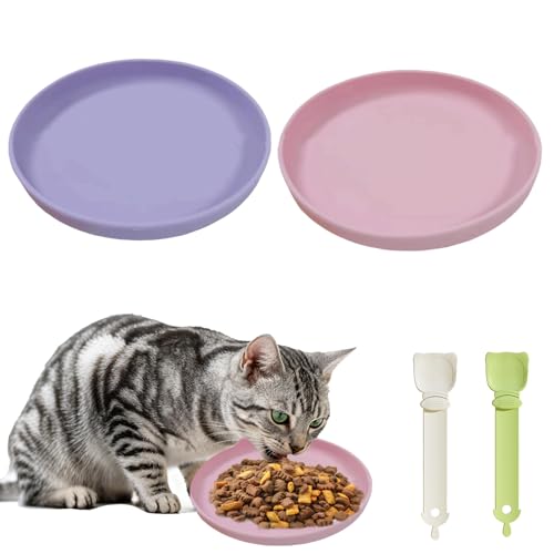 KATLKIU Katzennapf flach, 2er Set Silikon Futternapf Katze mit 2 Katzenfutter Löffel Schieben, rutschfest & leicht zu reinigen Fressnapf Katze, Silikon Katzennapf flach