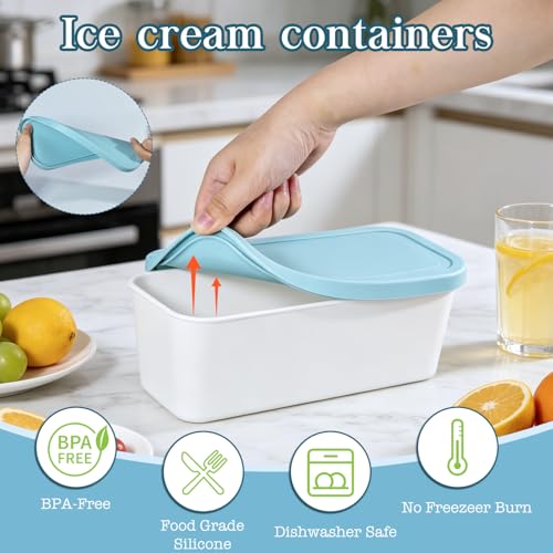 CHLJAR Ice Cream Containers with Aluminum Spoons, 2Qt Ice Cream Containers Set of 2, Reusable Freezer Storage for Homemade Ice Cream and Sorbet, Frozen Yogurt Flexible Silicone Lids, Stackable - Image 3