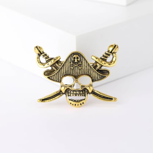Image of Punk Skull Head Cross Sword Brooch Pin Cool Skeleton Lapel Pin for Dress Suit Decor Halloween Party Clothing Accessories for Women Men