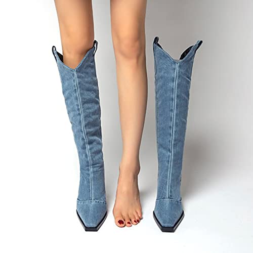 MOYOWEI Women's Knee High Denim Cowboy Boots,2022 Fall Fashion Pointed Toe High Chunky Heel Western Boots w/Pull On Tabs 5