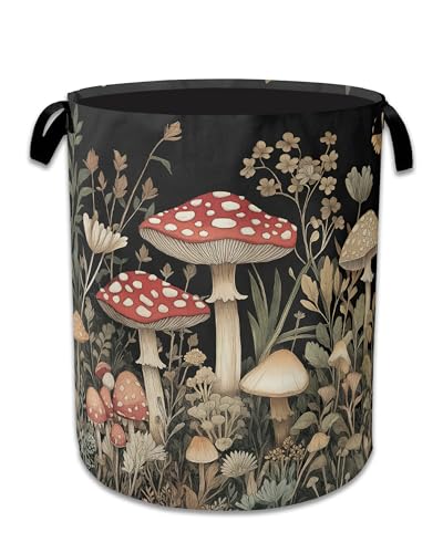 Image of Red Mushrooms Laundry Basket,Foldable Waterproof Oxford Cloth Tote Bag Wildflower Plant Berries Laundry Hamper with Handles,20.8 inchx16 inch Clothes Storage Bucket Organizer for Laundry Room Bathroom Bedroom