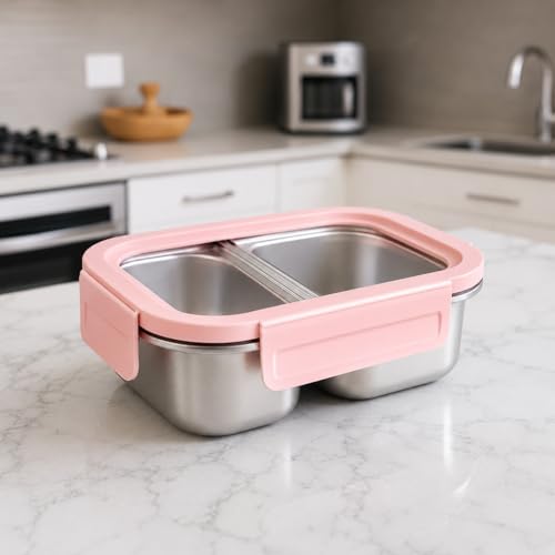 Image of Motka Premium 600 ml Divided Bento Lunch Box | 316L Stainless Steel 2 Compartment with Detachable Leak-Proof Locking Lid | Airtight Tiffin Box for Kids, School, Office & Travel (Pink)