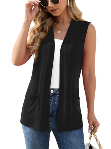 Veryoung Womens Sleeveless Open Front Cardigan Vest Lightweight Knit Vests Layering Top with Pockets for Spring Summer Casual Office 2026 Black X-Large