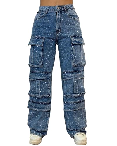 Women's Rhinestone Cargo Jeans Trendy High Waisted Stretch Relaxed Straight Leg Denim Pants