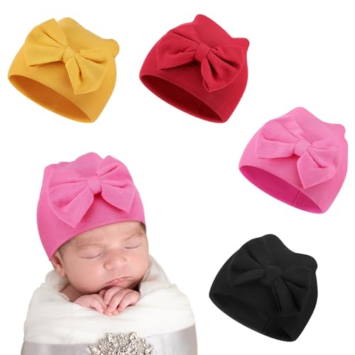 Image of Cuffbow 4 Pcs Preemie Hats Bow Cap Warm Hospital Premature Baby Cotton Beanie for Premature Boy Girl Newborn 3-7 Lbs Infant