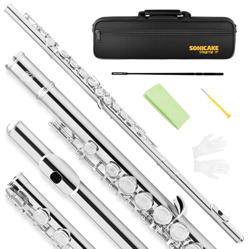 SONICAKE C Flutes Closed - Hole 16 Keys Flute for Beginner Flute Instrument with Cleaning Kit, Stand, Carrying Case, Gloves, Tuning Rod Nickel