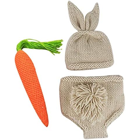 Newborn Baby Photo Props Outfit Cute Crochet Knit Costume Unisex Infant Girls/Boys 1st Easter Gift Bunny Rabbit Hat Shorts Carrot Photography Clothes Set Khaki Cover
