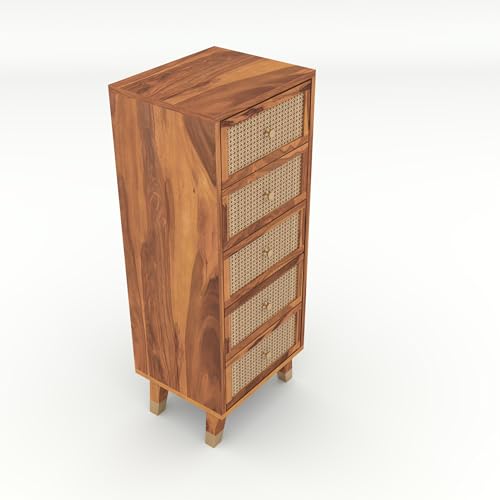 Image of Solid Sheesham Wood 5 Drawer Chest | Rosewood Chest of Drawers with Cane Front | Tall Storage Cabinet for Bedroom & Living Room (Natural Finish)
