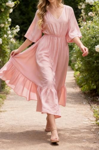 Image of Women's Summer Short Sleeve Maxi Floral Flowy Dresses with Pockets