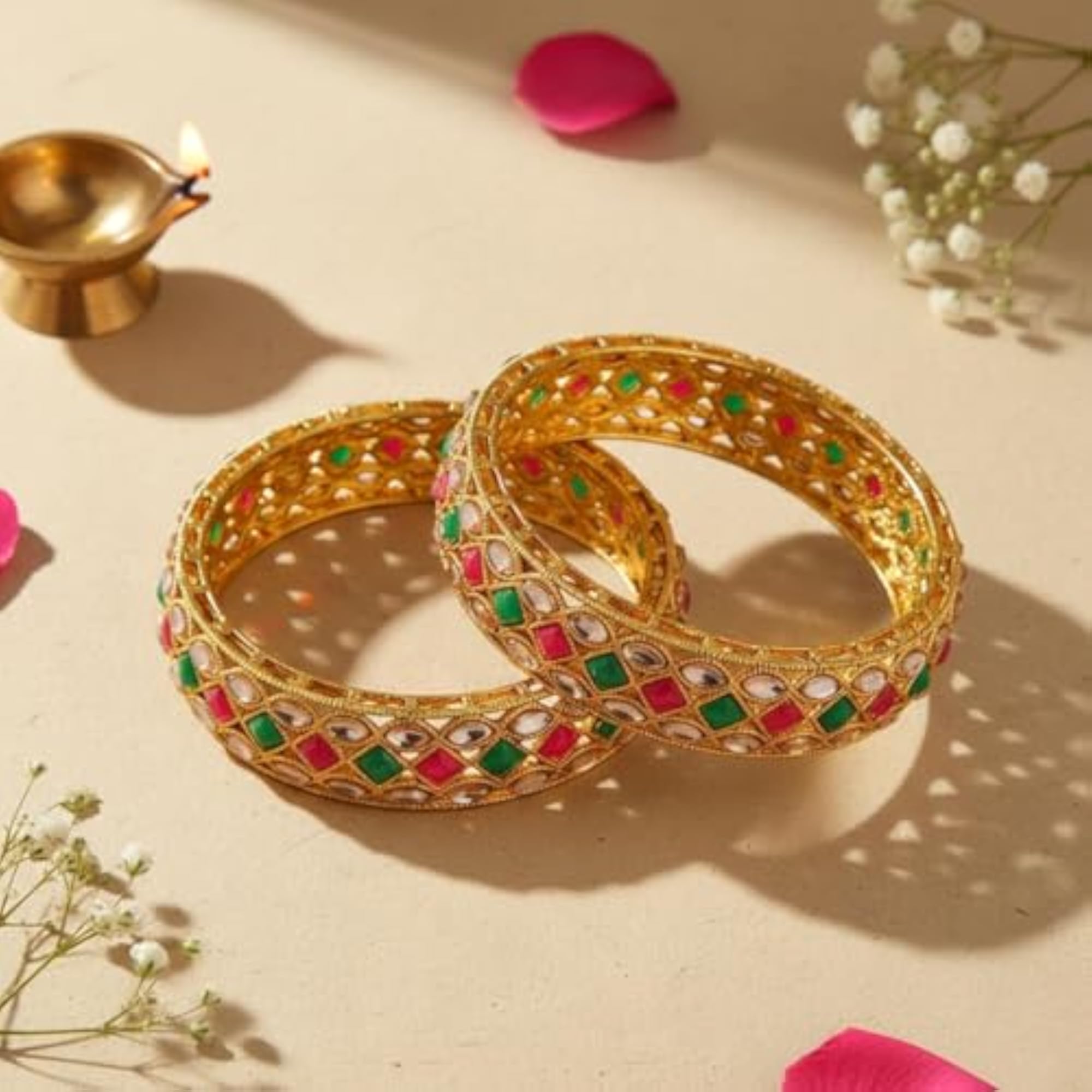 Set of 2 Plated Stone Studded Bangles, Ethnic Style