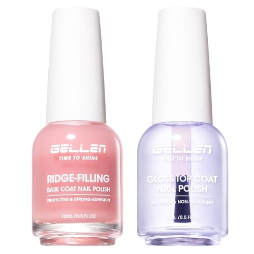 GELLEN Clear Nail Polish Ridge Filling Base Coat & High Shine Top Coat Ridge Filler For Nails Brighten Strengthen Damaged Dry Brittle Nails | Vit E Protein | Toxin HEMA TPO Free No Color