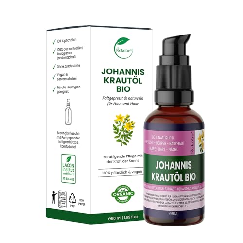 Nakobe Bio Johanniskrautöl 50ml 100% natürliches Rotöl wohltuend für Haut Muskeln & Pflege vegan & ohne Zusätze