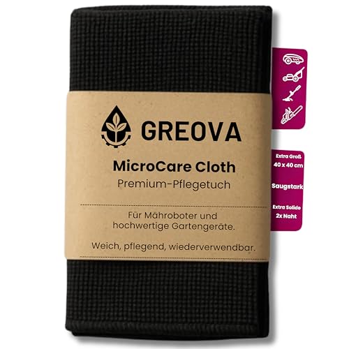 Premium Mikrofasertuch für Mähroboter & Gartengeräte – 40x40 cm, schwarz, extra saugstark, extra langlebig, fusselfrei, waschbar, für Garten & Werkzeug. - GREOVA MicroCare Cloth