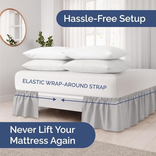 Image of Bed Skirt - Wrap Around Dust Ruffle Bed Frame Cover with Easy Fit Elastic Strap, King Size 18 Inch Drop, Microfiber Pleated, Machine Washable | Light Grey