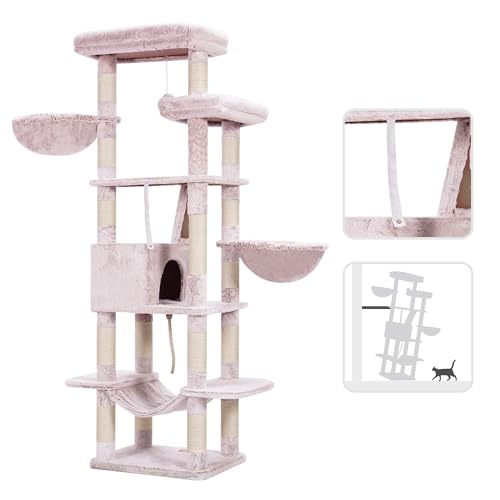 Image of Heybly Cat Tree, 68 inch Multi-Level Cat Tower for Indoor Cats HCT025MU | Cat Condo with 2 Widened Plush Perches, 2 Cozy Baskets, Scratching Board and Big Caves, Rosy Brown