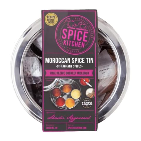 Spice Kitchen Moroccan Spice Collection with 10 Premium, Carefully Selected Moroccan Cooking Spices and Stainless Steel Spice Storage Tin for Spice Storage Cover