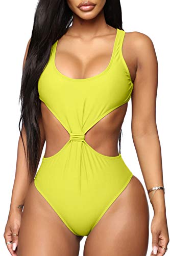 Women's Red One Piece Bathing Suit Tummy Control High Cut Swimsuit Yellow M