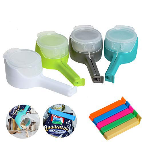 SGVA Food Storage Sealing Clips- 9 Pack Bag Clips for Food,4 PCS Plastic Cap Sealer Clips & 5 PCS Bag Sealing Clips, Great for Kitchen Food Storage and Organization Kitchen Tool- Pouring Bag Clip