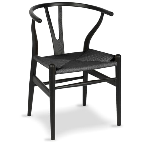 Tomile Silla de comedor CH24 Wishbone negra con reposabrazos, estructura de madera maciza de fresno, asiento trenzado, diseño en Y de Hans Wegner para comedor y cocina (fresno   negro)