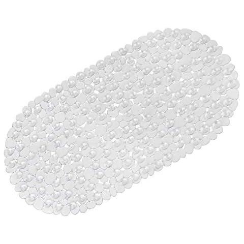 WELTRXE Non Slip Bath Mat for Bathroom, Pebble Frosted Flexible PVC Bathtub Mat, Anti-Mould Anti-Slip Oval Plastic Shower Mats with Grip Suction Cups & Drain Holes, Machine Washable, Clear, 69 x 36 cm Cover