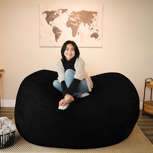 Image of Big Joe Fuf 7Ft Giant Foam Bean Bag Chair, Oversized Couch with Removable Cover for Kids, Teens, Adults, Jet Black Plush, Soft Polyester, 7 Foot