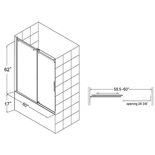SUNNY SHOWER Tub Shower Door with 5/16 in. Clear Glass Panel Frameless Bathtub Glass Shower Door 58.5-60 in. W x 62 in. H, Chrome Finish