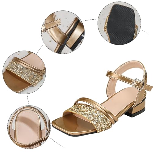 IWIHMIV Girls Dress Glitter Sequins Sandals Princess Low Heels Dress Shoes Square Toe Ankle Strap Party Sandals2