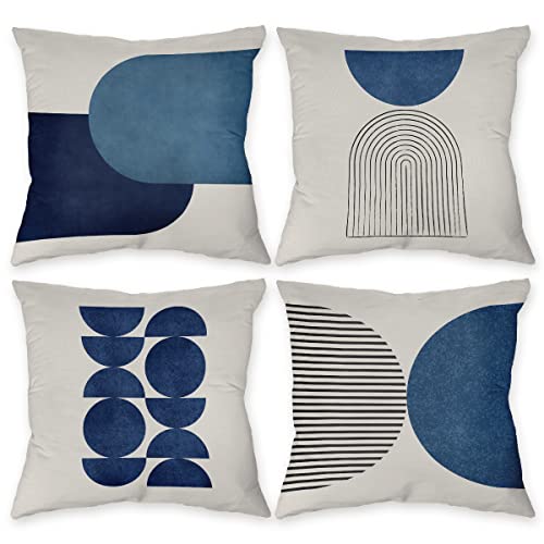 Znzd Bohemia Abstract Modern Minimalist Art Mid-Century Blue Pillow Case,Decorate Home Living Room Bedroom Guest Room Sofa Couch Bench,Boho Lover Gifts,18x18 Inch Throw Pillow Covers Set of 4