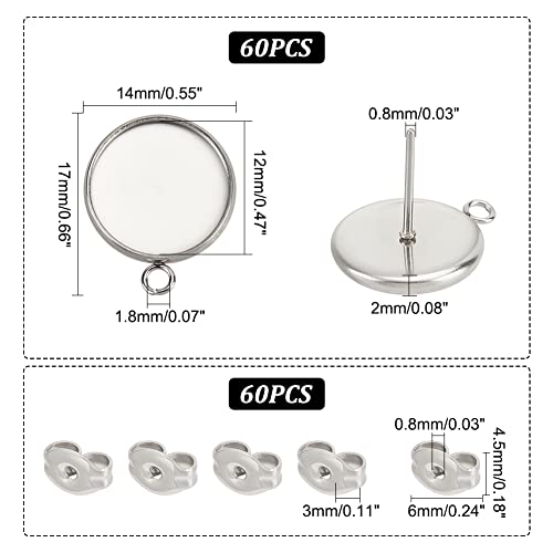 UNICRAFTALE 60pcs 12mm Round Bezel Earring with Loop Cup Tray Earrings with Ear Nuts Stainless Steel Stud Earring Findings for DIY Jewellery Making Stainless Steel Color - Image 3