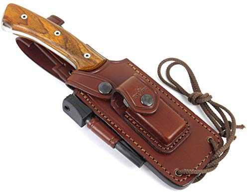 JEO-TEC Nº35 Bushcraft Survival Hunting Camping Knife, MOVA-58, Genuine Leather Multi-Position Sheath + Firesteel + Sharpener Stone, Handmade
