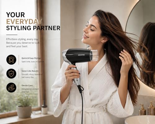 Image of GUSTTO Foldable Hair Dryer 1100W | Compact Travel-Friendly Hair Dryer with Foldable Handle, Hanging Ring, 2 Heat & Speed Settings, Lightweight & Portable (Satin Black), BIS Certified