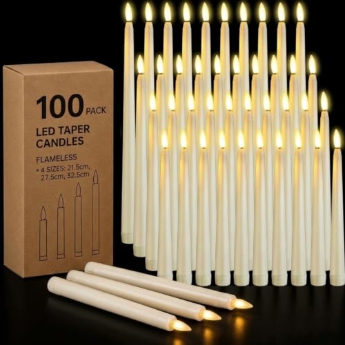 Image of Baquler 100 Pcs Flameless Taper Candles LED Battery Operated Bulk,Ivory | Flickering Glow, Artificial Fake Candles for Weddings Christmas Halloween, 4 Sizes 8.5-12.8 In, Safe Flameless Church Decor