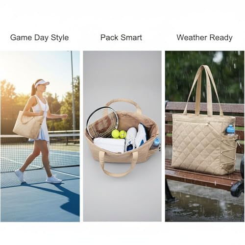 Bolsa de tenis beige de alta calidad con acabado acolchado y detalles funcionales 3
