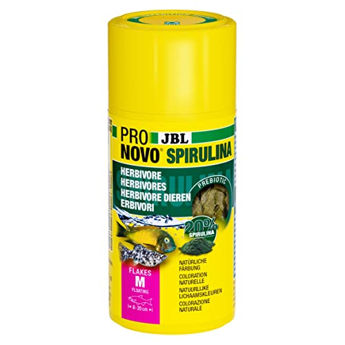 JBL PRONOVO SPIRULINA FLAKES, Grünfutter für alle Aquarienfische von 8-20 cm, Fischfutter-Flocken, Größe M, 100 ml